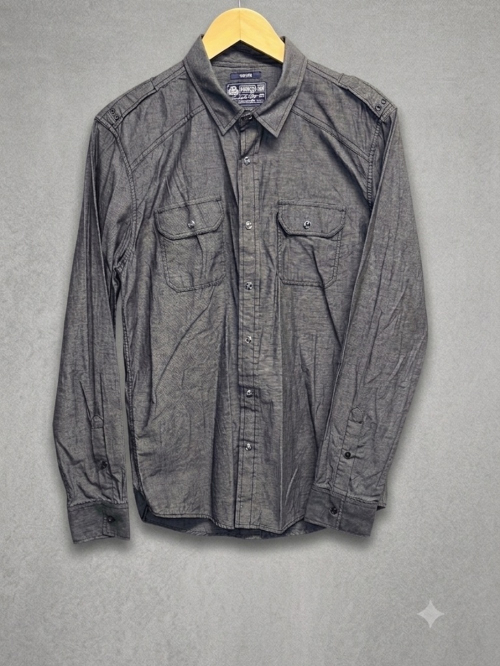American Rag Men's Medium Gray Cotton Button Up Western Casual Shirt Epaulets
